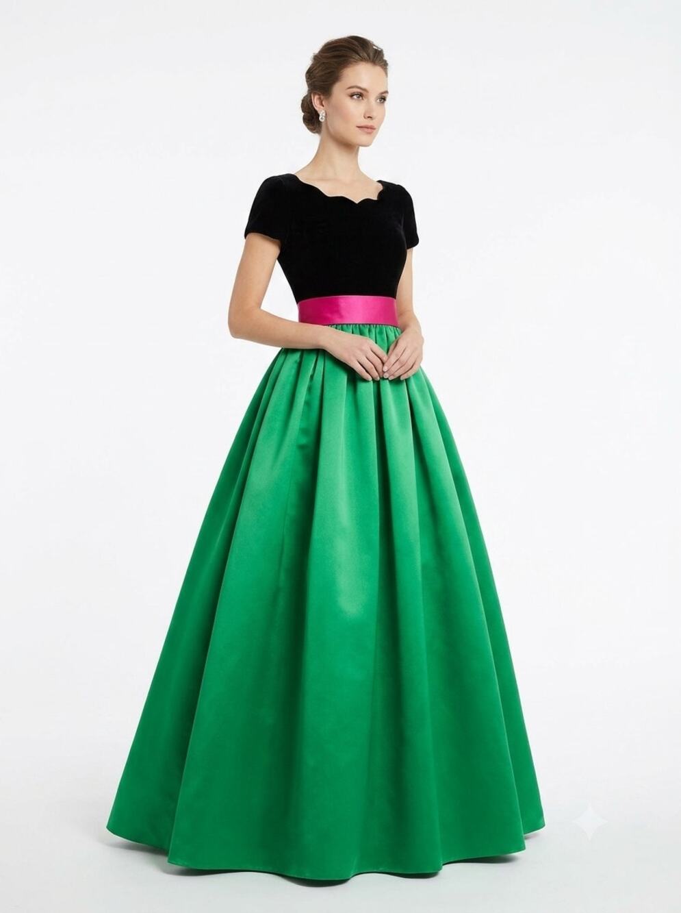 VTG Victoria Evening Gown Dress Womens 12 Green Black Velvet Satin Colorblock